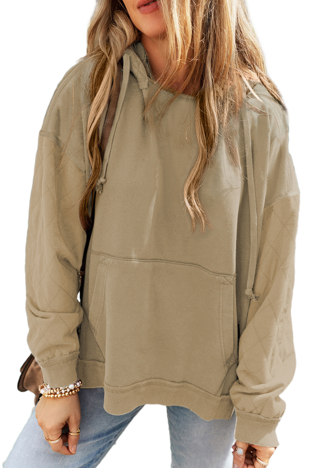 Chestnut Quilted Patchwork Exposed Seam Kangaroo Pocket Hoodie