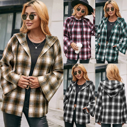 Casual Hooded Cardigan Plaid Shirt Loose Plaid Trench Coat Top