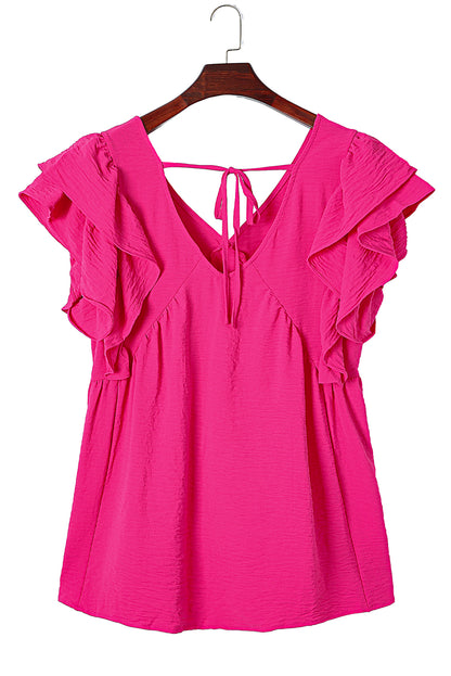 Pink Plus Size Ruffle V Neck Tie Back Tunic Top