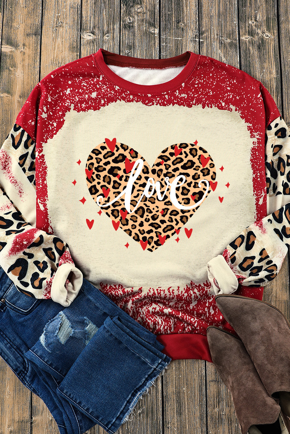 Red love Leopard Bleached Heart Graphic Sweatshirt