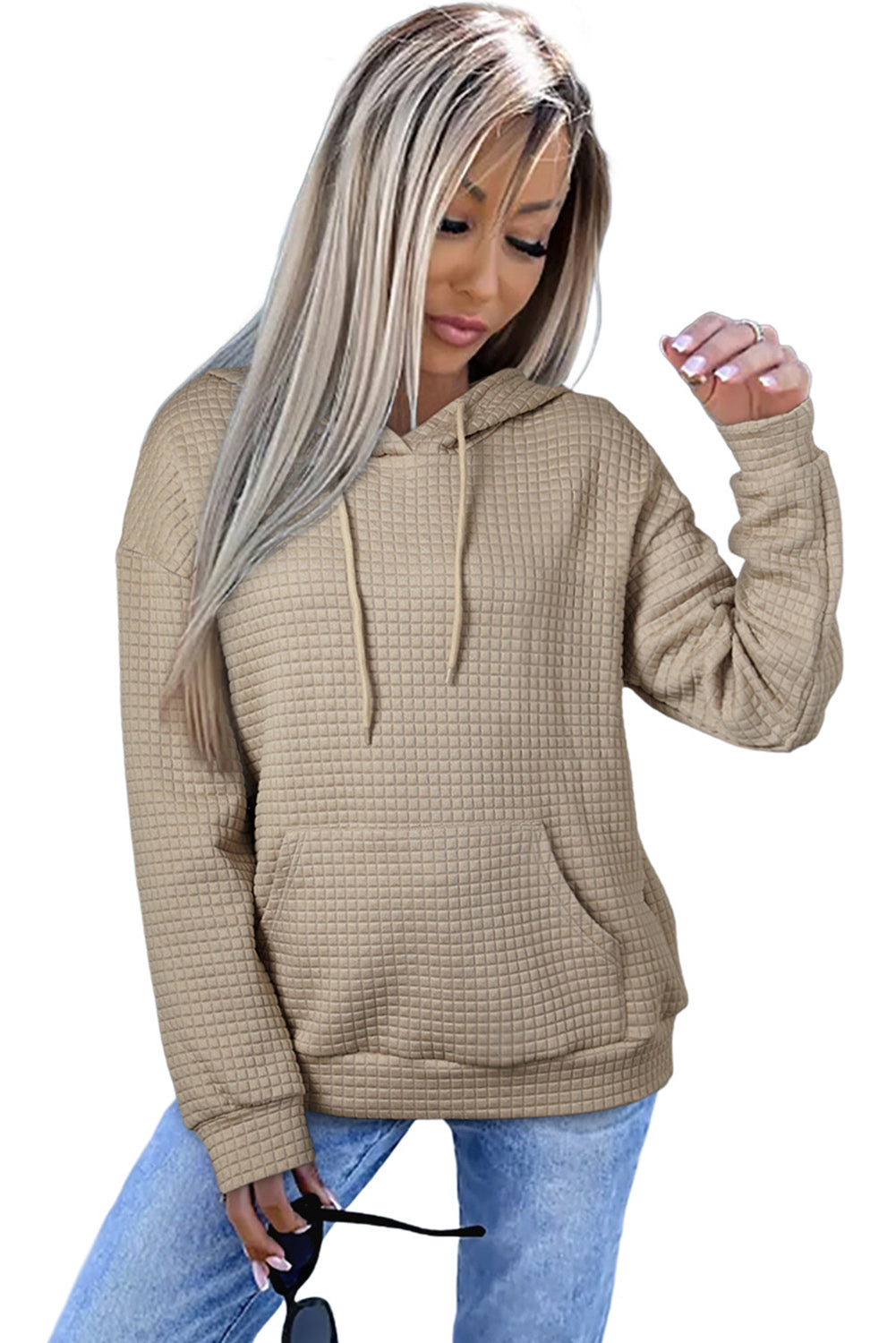 Red Lattice Textured Kangaroo Pocket Drawstring Hoodie