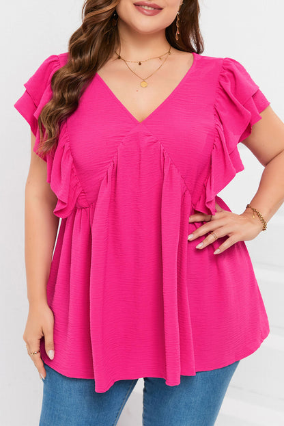 Pink Plus Size Ruffle V Neck Tie Back Tunic Top