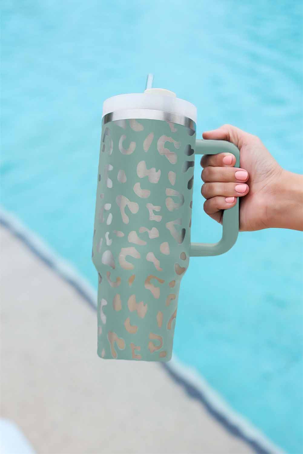 White 40oz Stainless Steel Portable Leopard Tumbler Mug With Handle