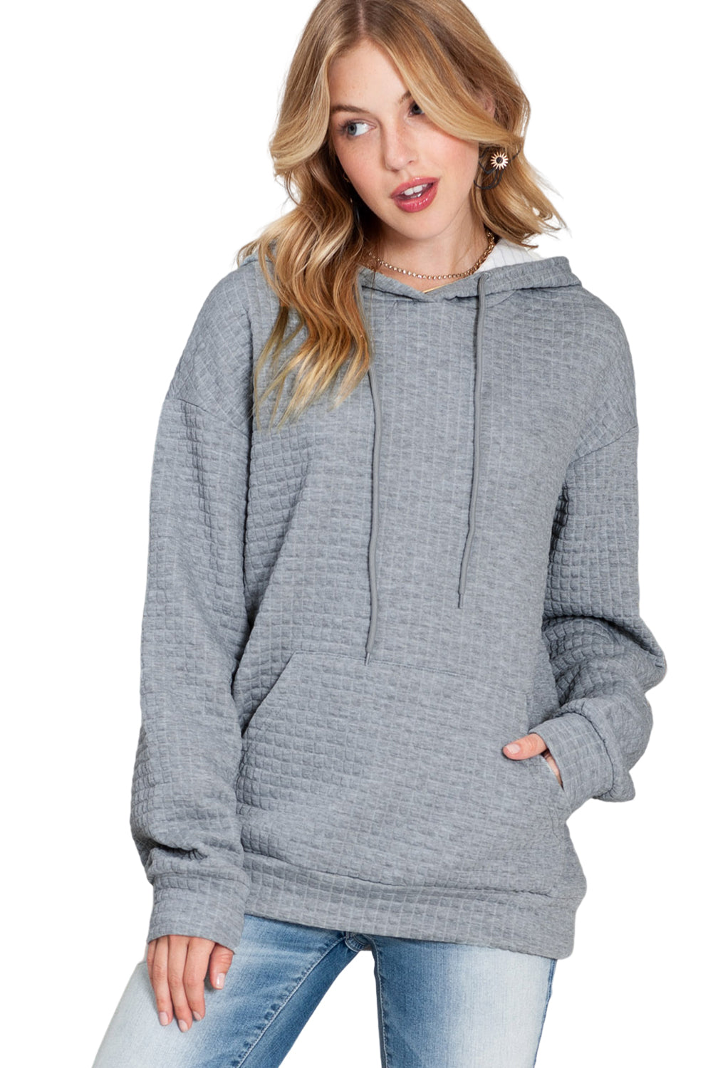 Red Lattice Textured Kangaroo Pocket Drawstring Hoodie