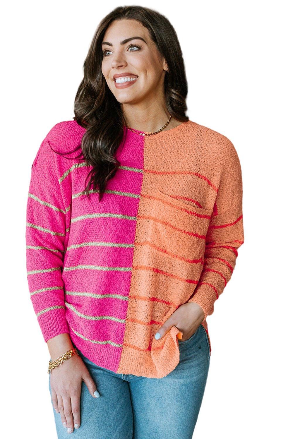 Yellow Plus Size Color Block Striped Patchwork Knit Sweater