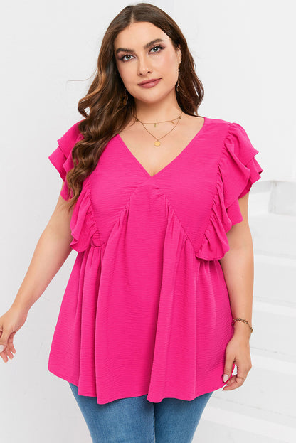 Pink Plus Size Ruffle V Neck Tie Back Tunic Top