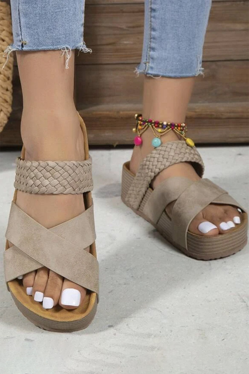 Brown Braided Detail Criss Cross Platform Sandals