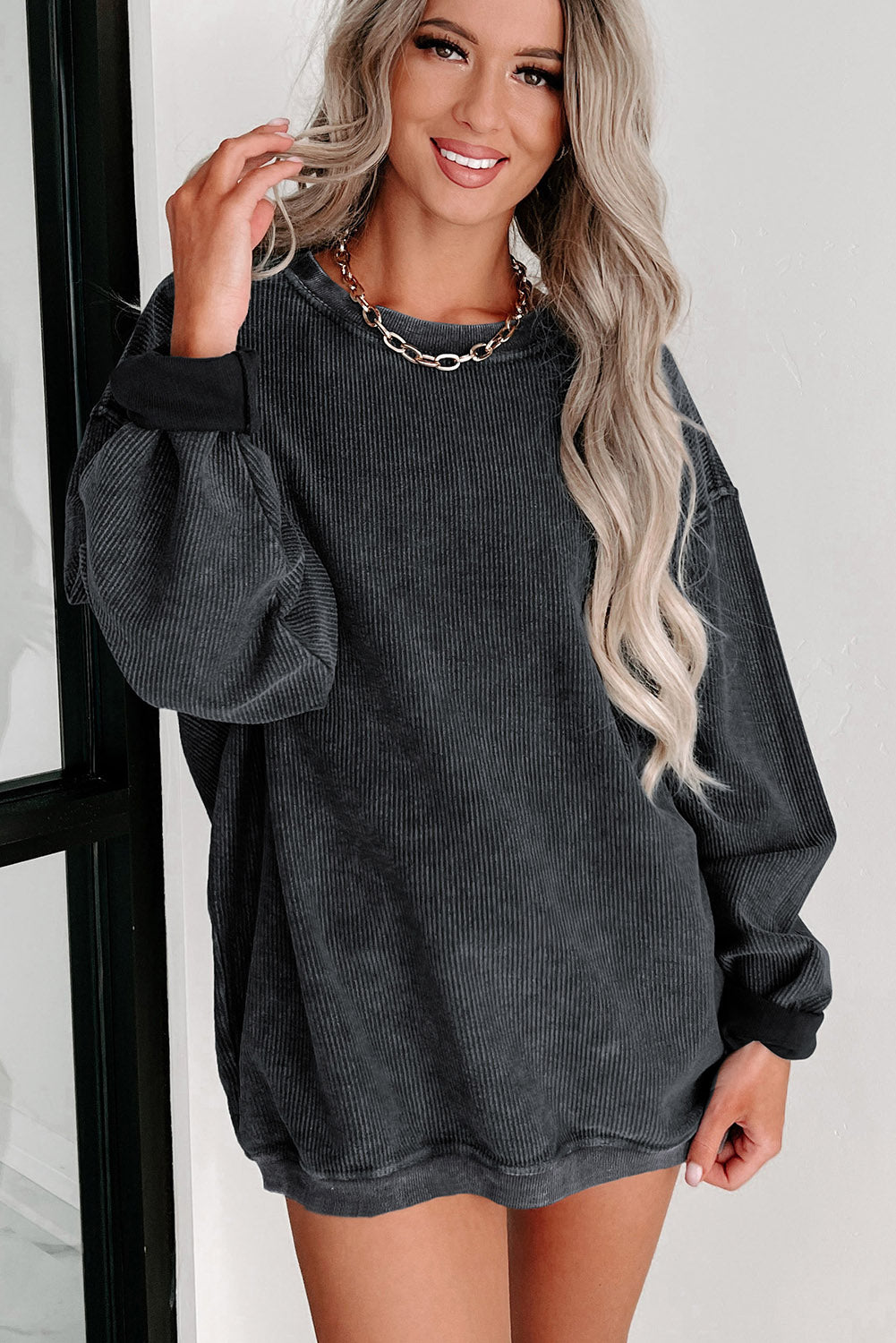 Green Ribbed Round Neck Drop Sleeve Pullover Sweatshirt