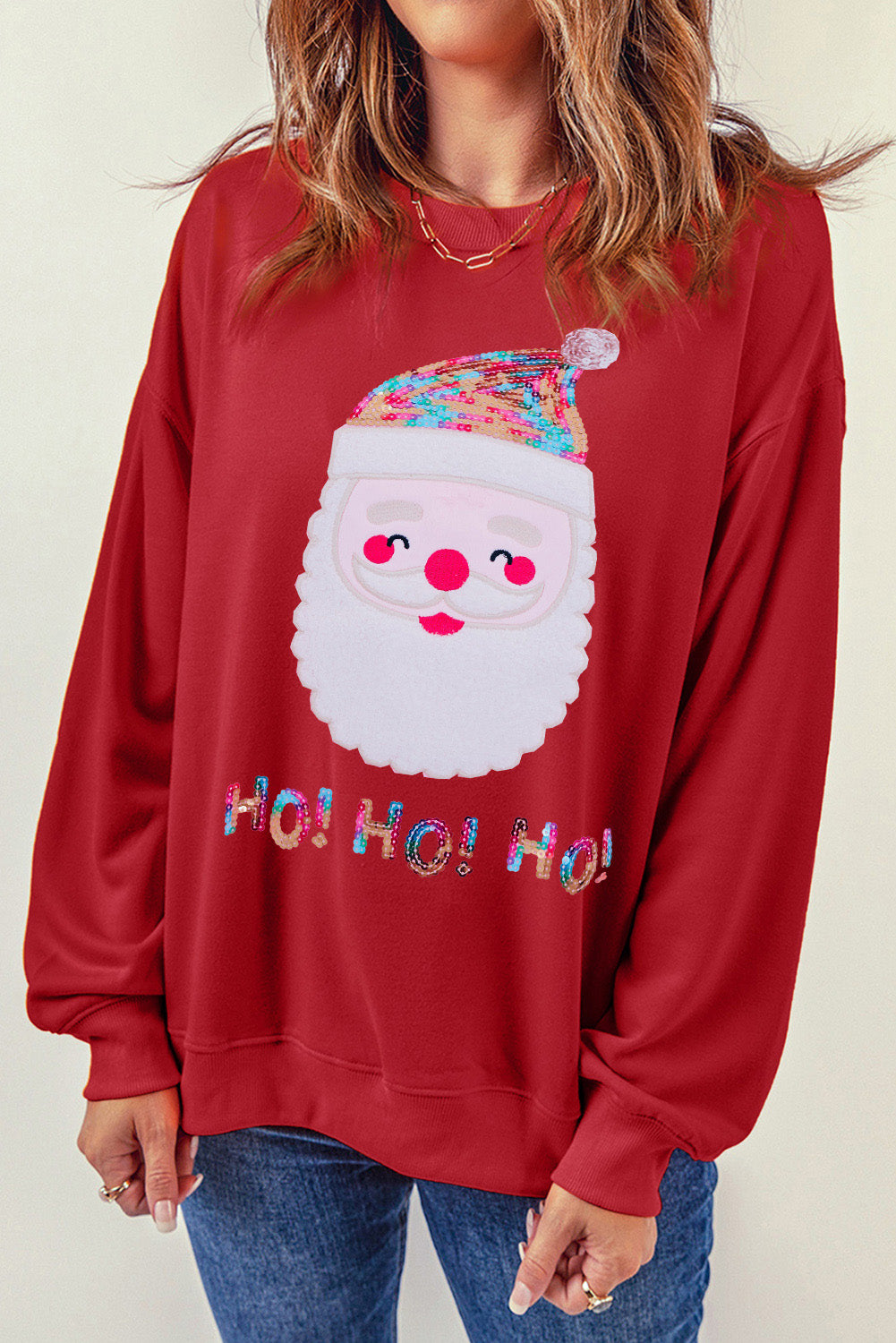 Pink HO HO HO Sequined Santa Claus Graphic Sweatshirt