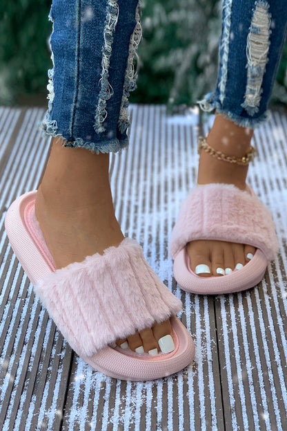 White Comfy Plush Band Open Toe Slippers