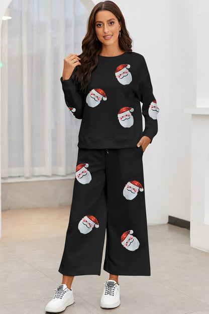 Black Christmas Santa Clause Print Graphic Textured Pants Set