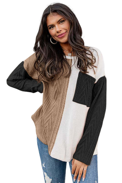 Black Long Sleeve Colorblock Chest Pocket Textured Knit Top