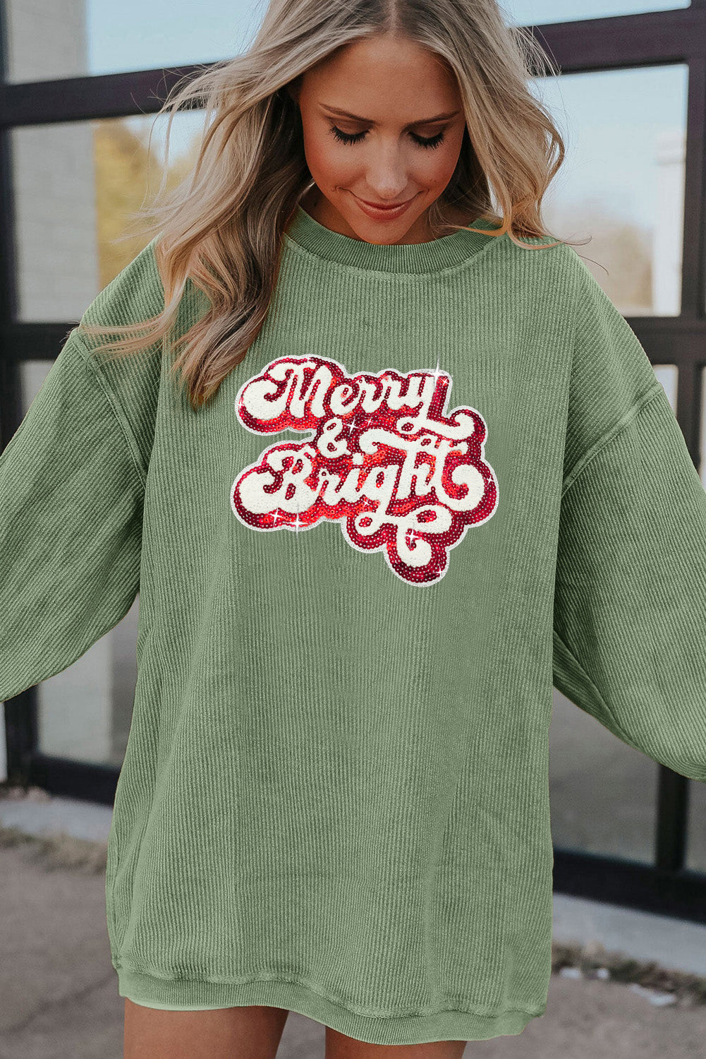 Grass Green Merry & Bright Sequin Ribbed Graphic Sweatshirt