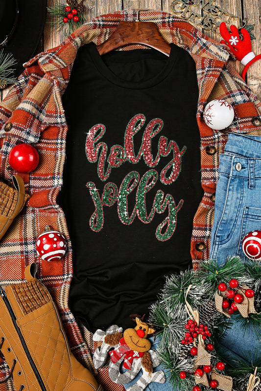 Black Christmas Sequined Holly Jolly Graphic Tee