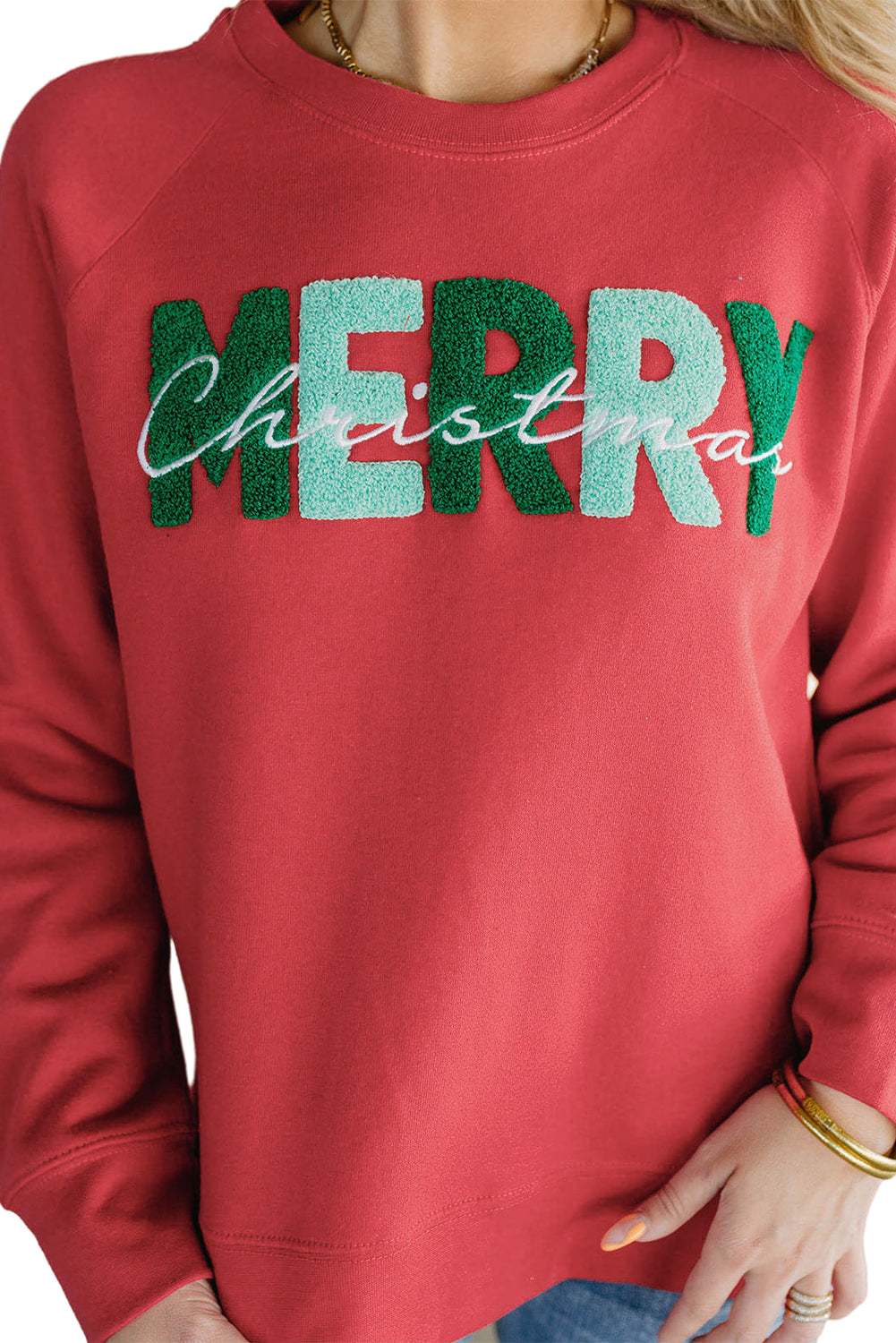 Red Chenille MERRY Christmas Raglan Sleeve Graphic Sweatshirt