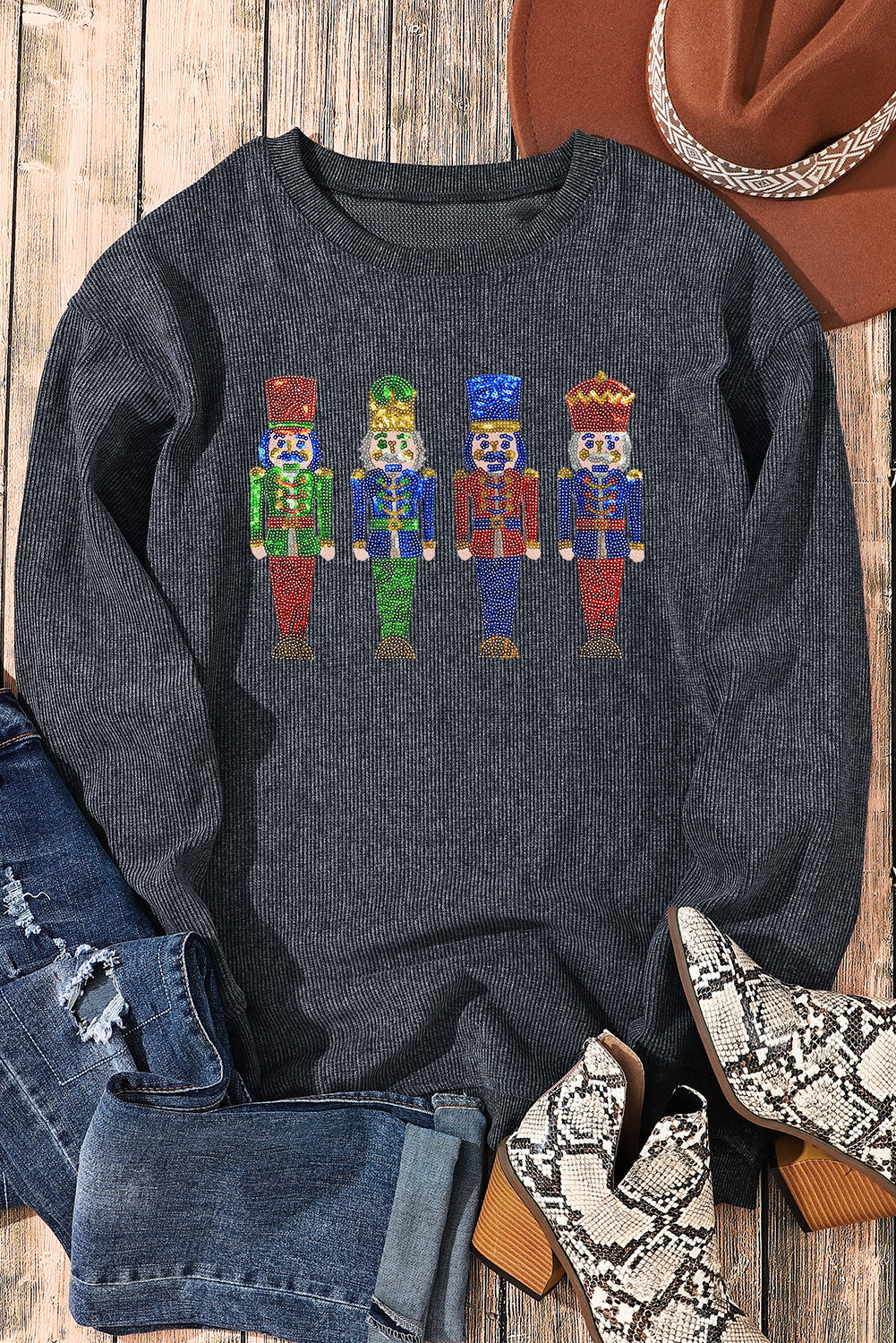 Pink Sequins Christmas Nutcracker Corded Baggy Graphic Sweatshirt