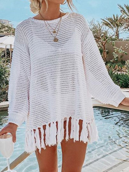 Double Take Openwork Tassel Hem Long Sleeve Knit Cover Up