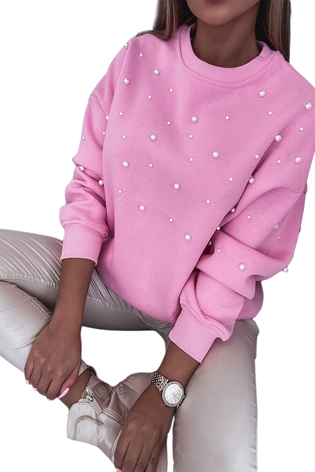 Pink Pearl Decor Ribbed Contrast Round Neck Sweatshirt