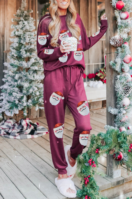 Red Sequins Santa Claus Graphic Loungewear Set