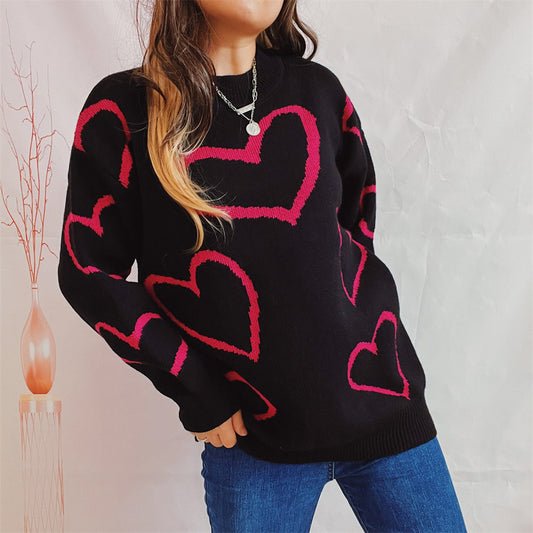 Love Pattern Sweater Round Neck Long Sleeve