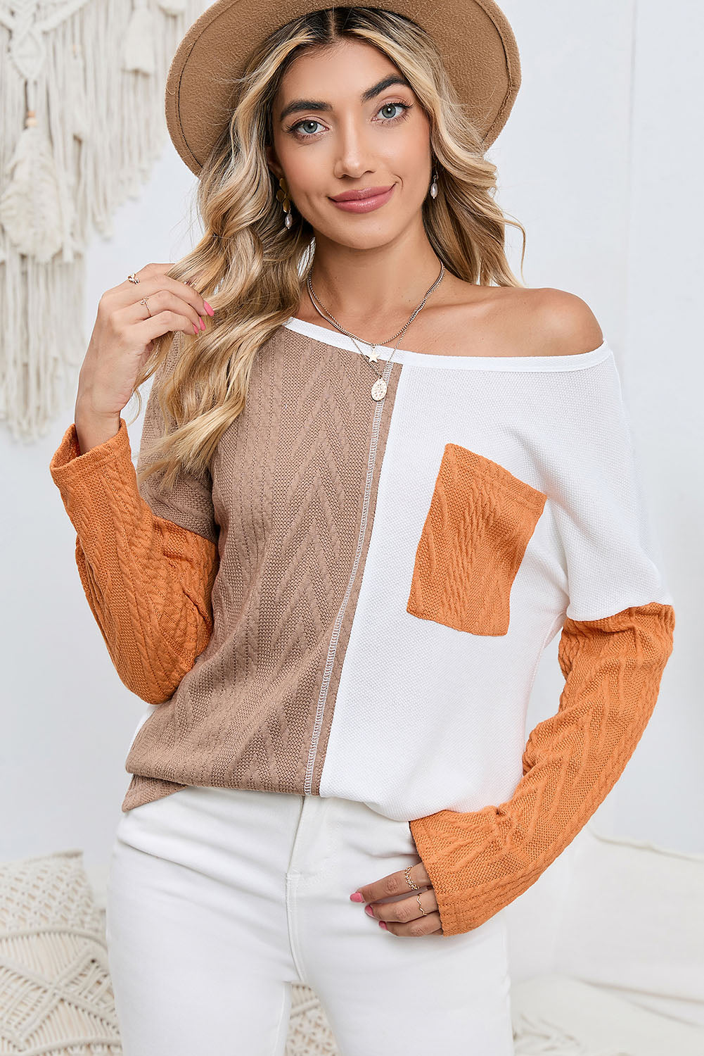 Black Long Sleeve Colorblock Chest Pocket Textured Knit Top