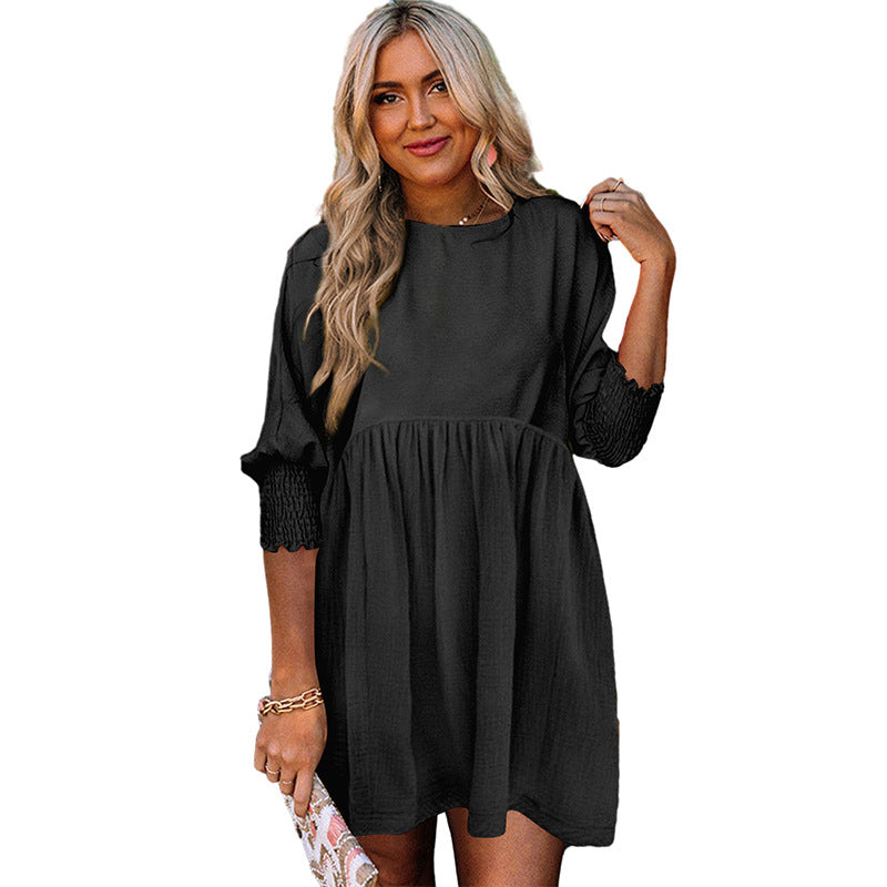 Solid Color Pullover Short Skirt For Women European And American Thin Loose Casual Pleating Half Sleeve Dress Women