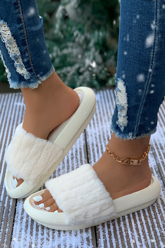 White Comfy Plush Band Open Toe Slippers