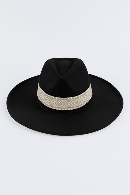 Black Geometric Patchwork Flat Brim Woven Hat