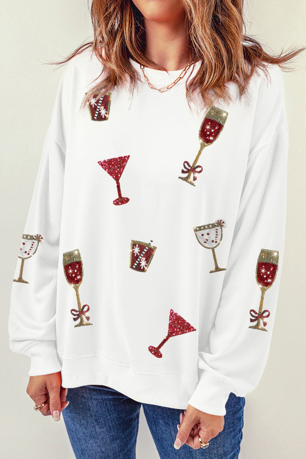 Beige Casual Goblet Print Round Neck Graphic Sweatshirt