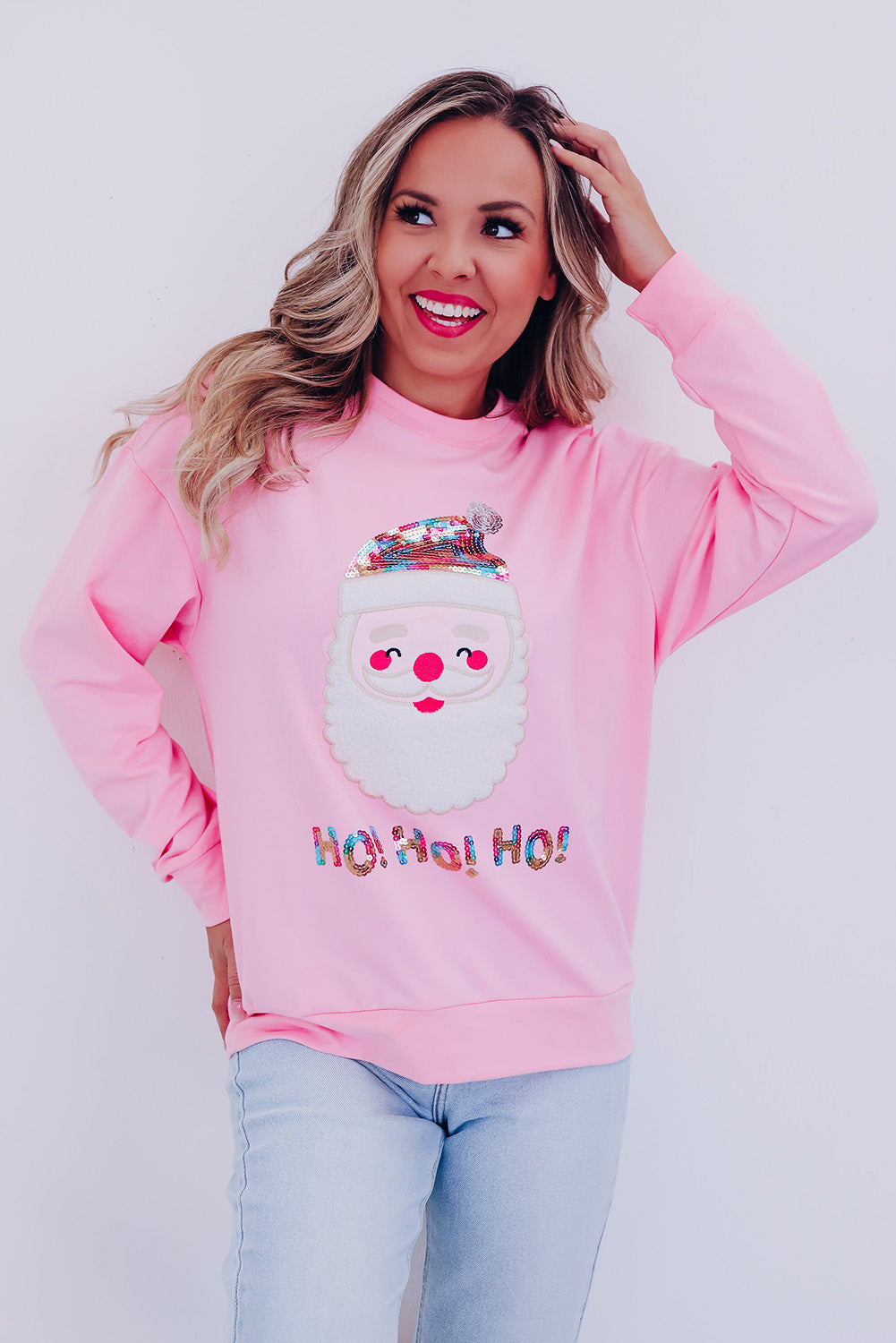 Pink HO HO HO Sequined Santa Claus Graphic Sweatshirt