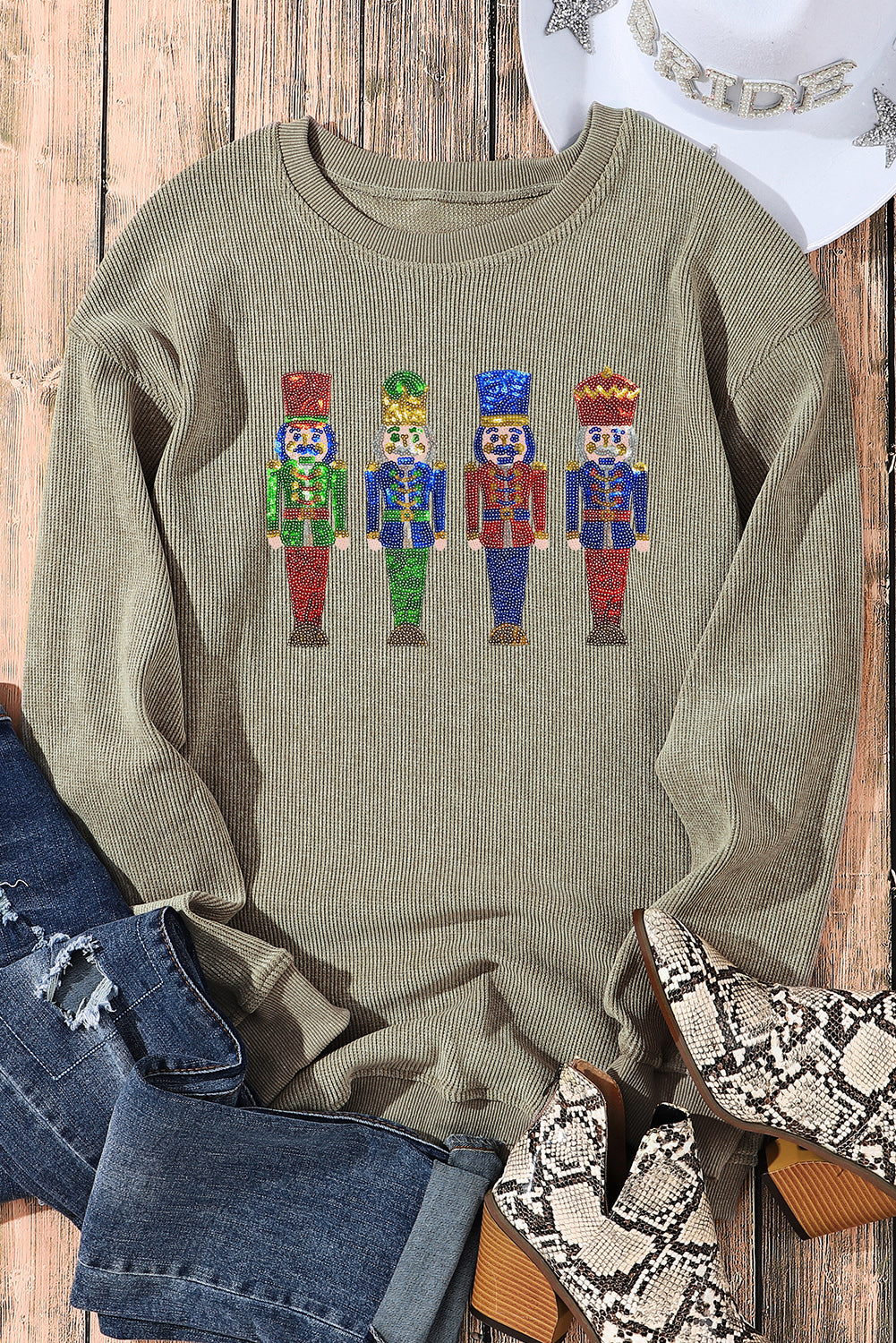 Pink Sequins Christmas Nutcracker Corded Baggy Graphic Sweatshirt