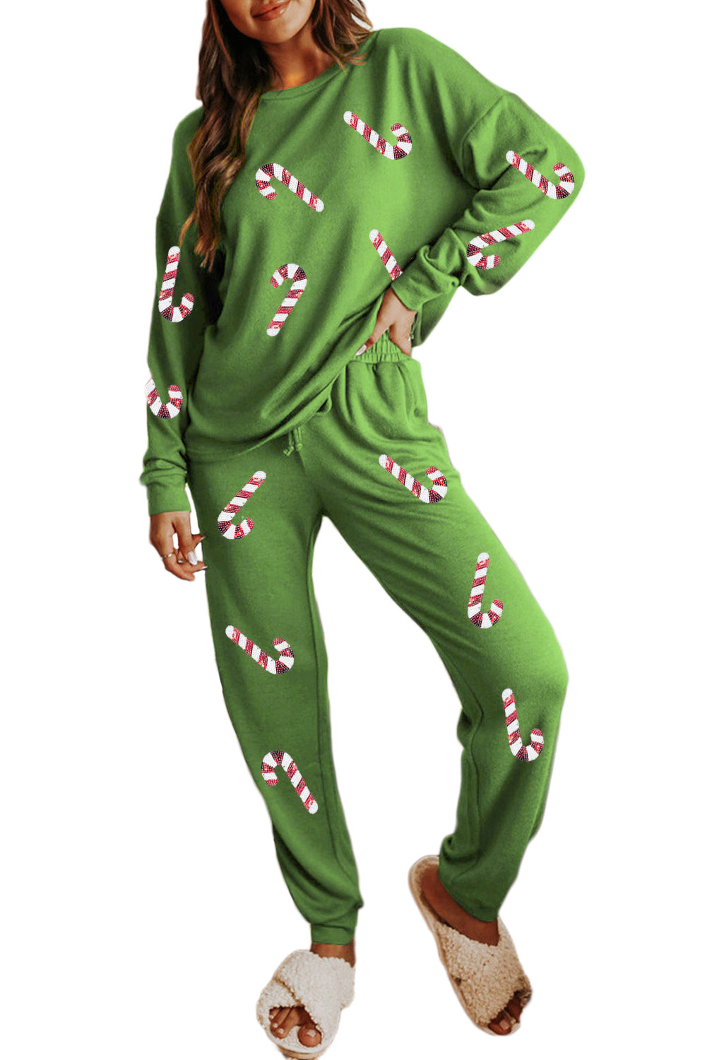 Spinach Green Christmas Candy Cane Graphic Lounge Set