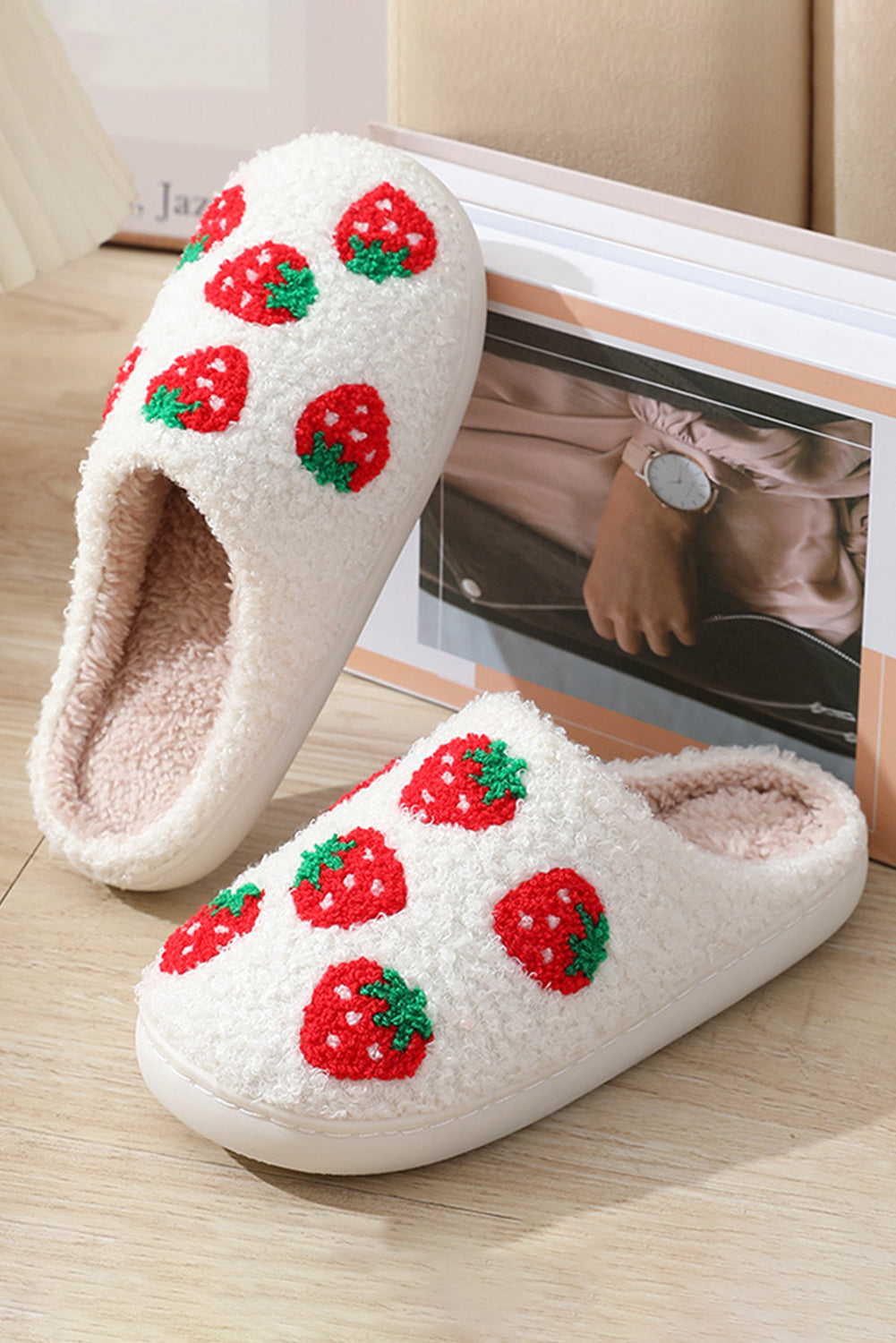 Bright White Cute Fuzzy Strawberry Pattern Home Slippers