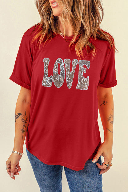 Red Valentine Sequined LOVE Letter Graphic Tee