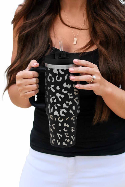 White 40oz Stainless Steel Portable Leopard Tumbler Mug With Handle