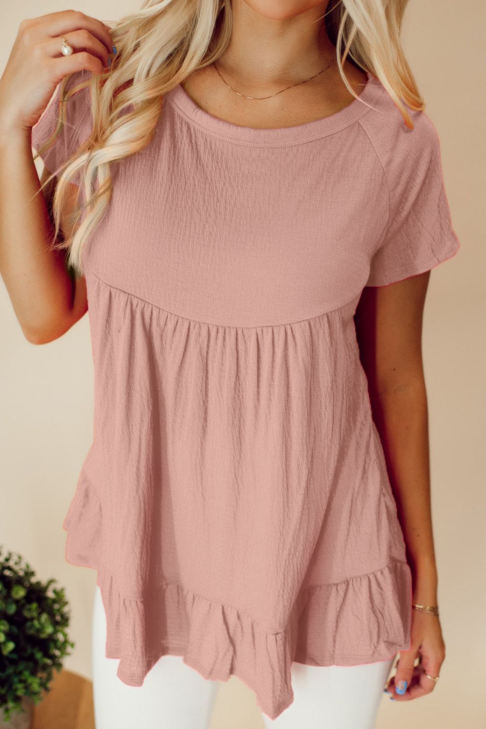 Ruffled Round Neck Short Sleeve Blouse