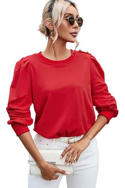 Red Button Tab Detail Round Neck Long Sleeve Top