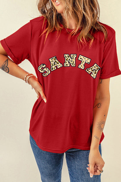 Red Leopard Printed SANTA Round Neck Graphic Tee