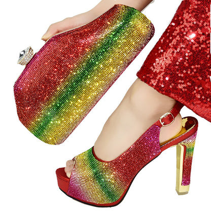 Colorful And Color Matching Fish Mouth High Heels With Bag Fashion Lady