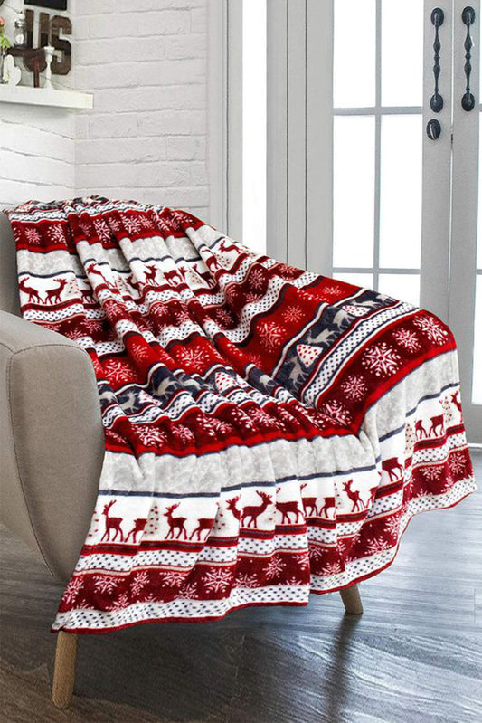 Red Christmas Elk Print Reversible Sherpa Fleece Blanket