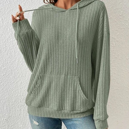 Women's Knitwear Hooded Sunken Stripe Kangaroo Pocket Sweatshirt