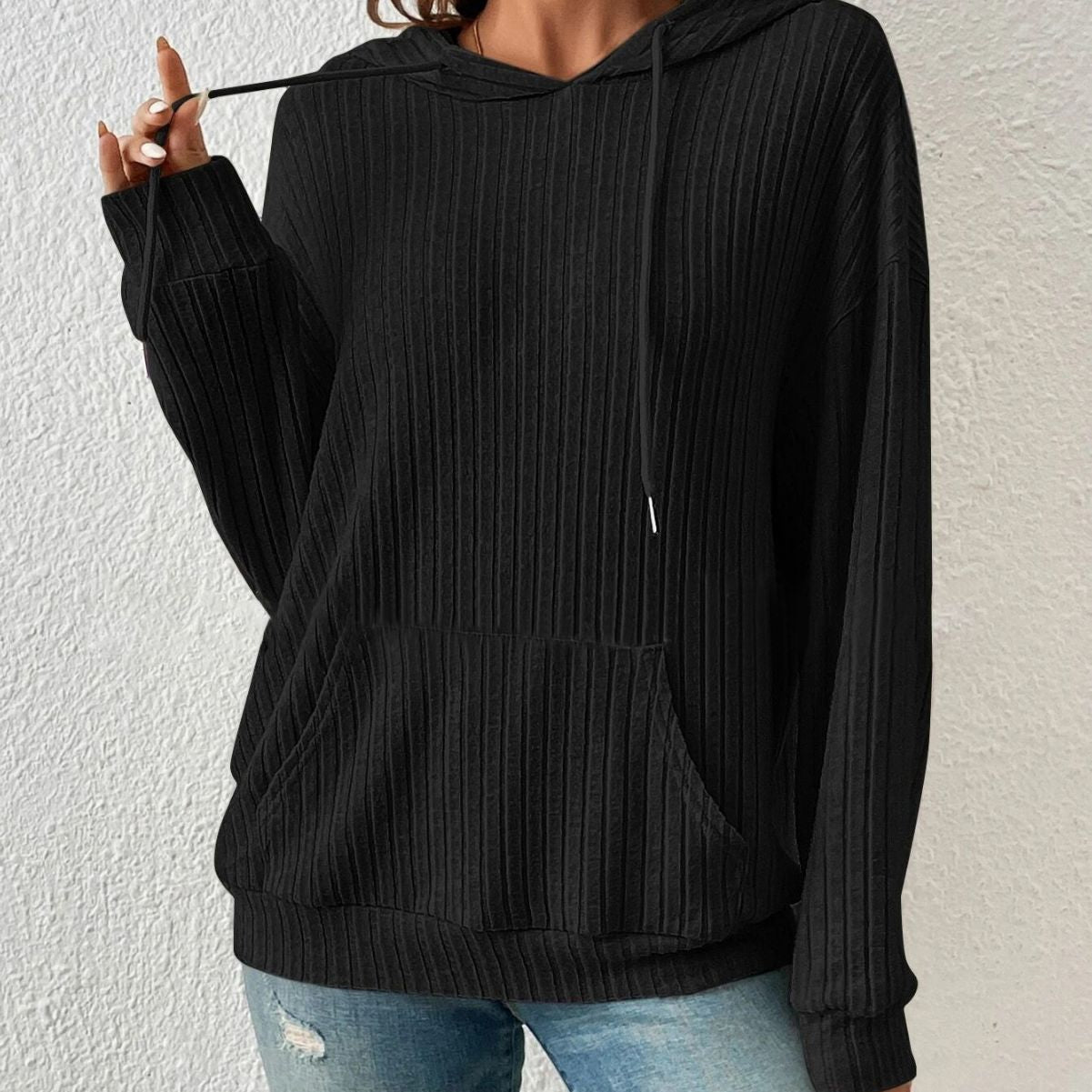 Women's Knitwear Hooded Sunken Stripe Kangaroo Pocket Sweatshirt