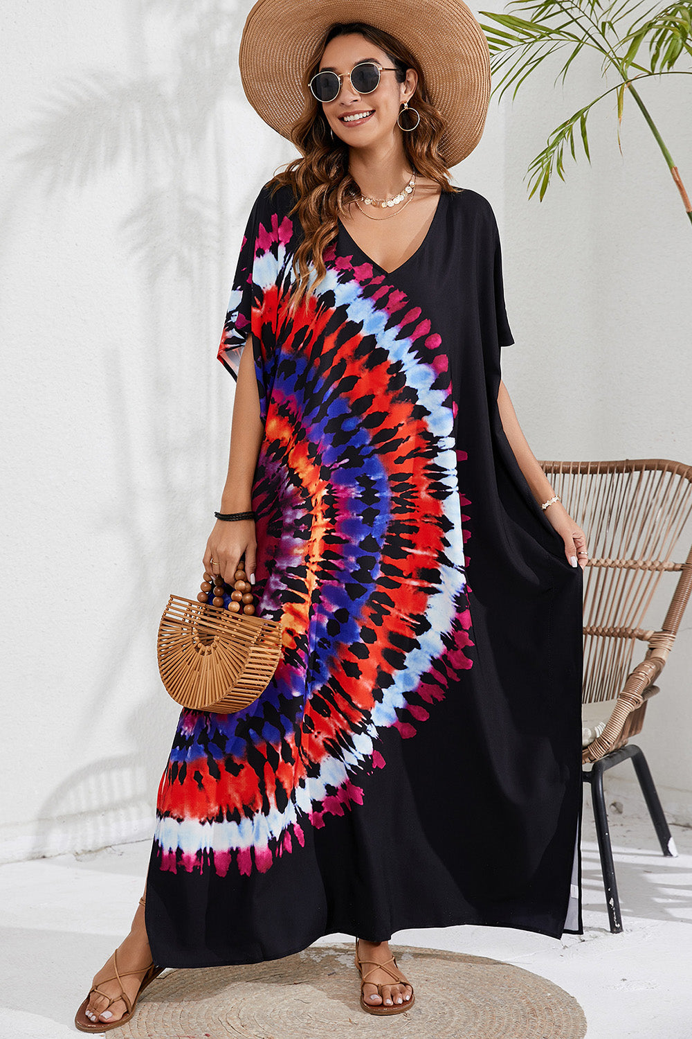 Slit Printed V-Neck Short Sleeve Cover Up