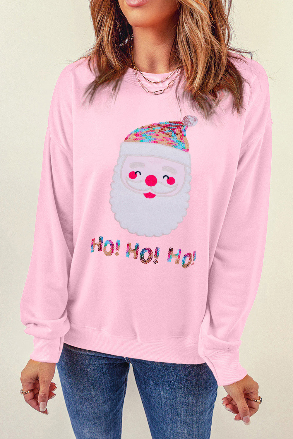 Pink HO HO HO Sequined Santa Claus Graphic Sweatshirt