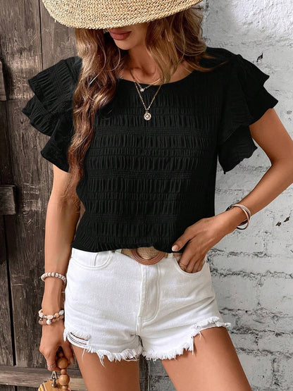 Round Neck Flounce Sleeve Blouse