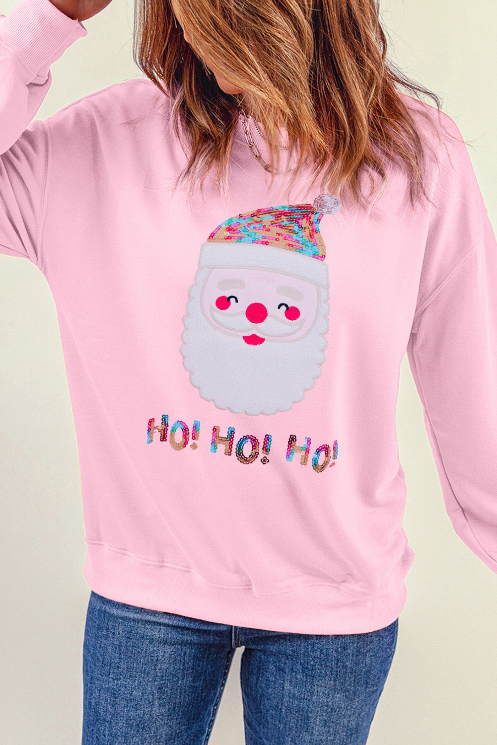 Pink HO HO HO Sequined Santa Claus Graphic Sweatshirt