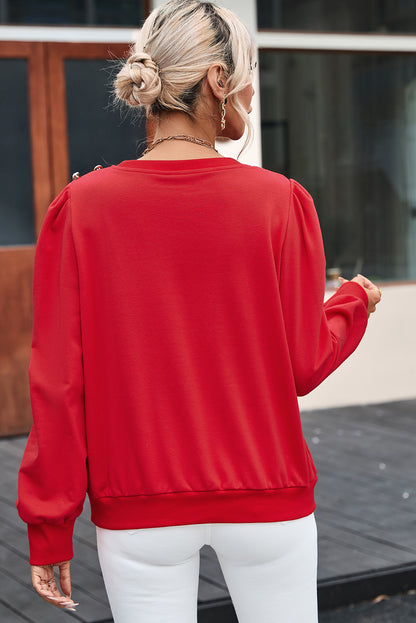 Red Button Tab Detail Round Neck Long Sleeve Top