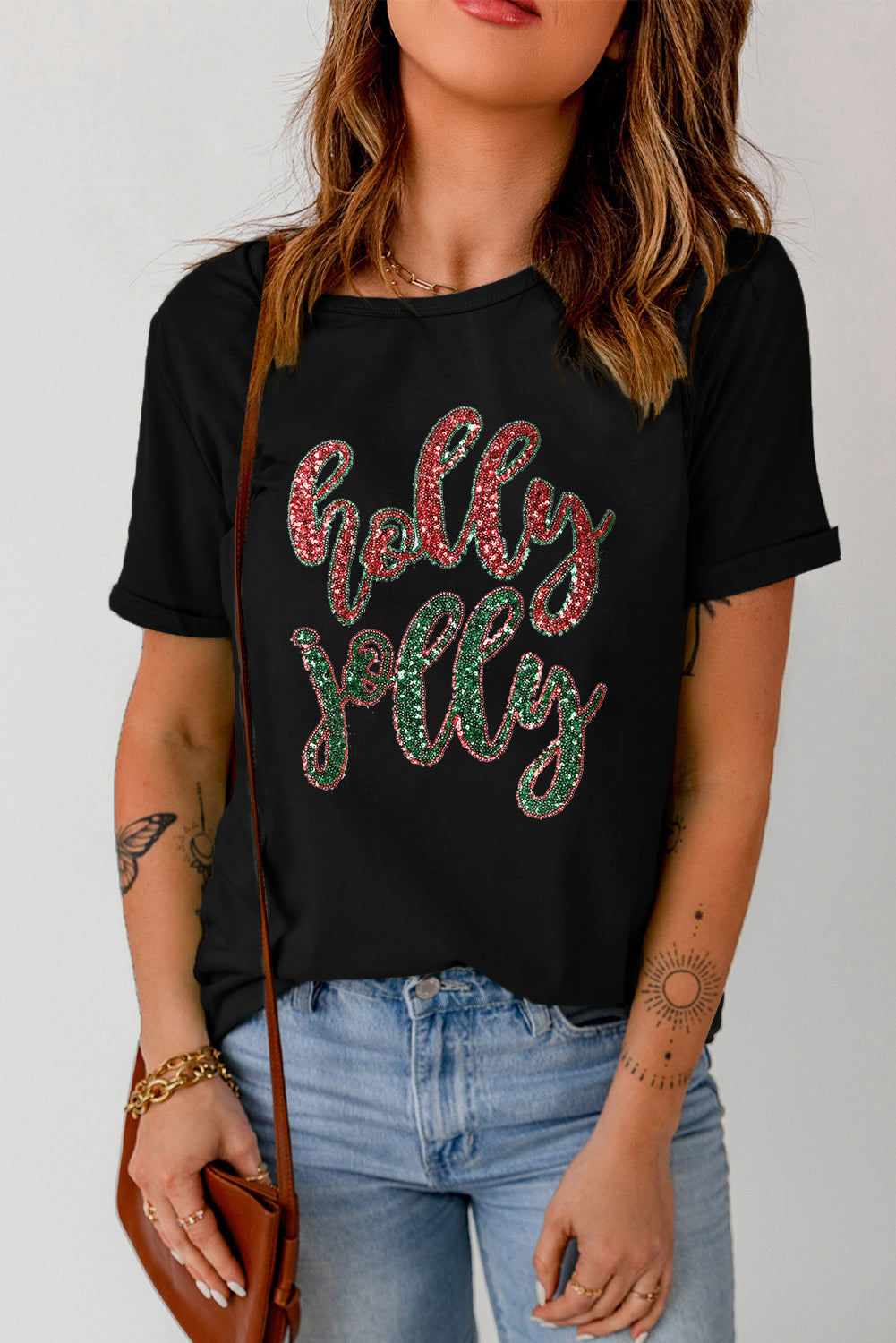 Black Christmas Sequined Holly Jolly Graphic Tee