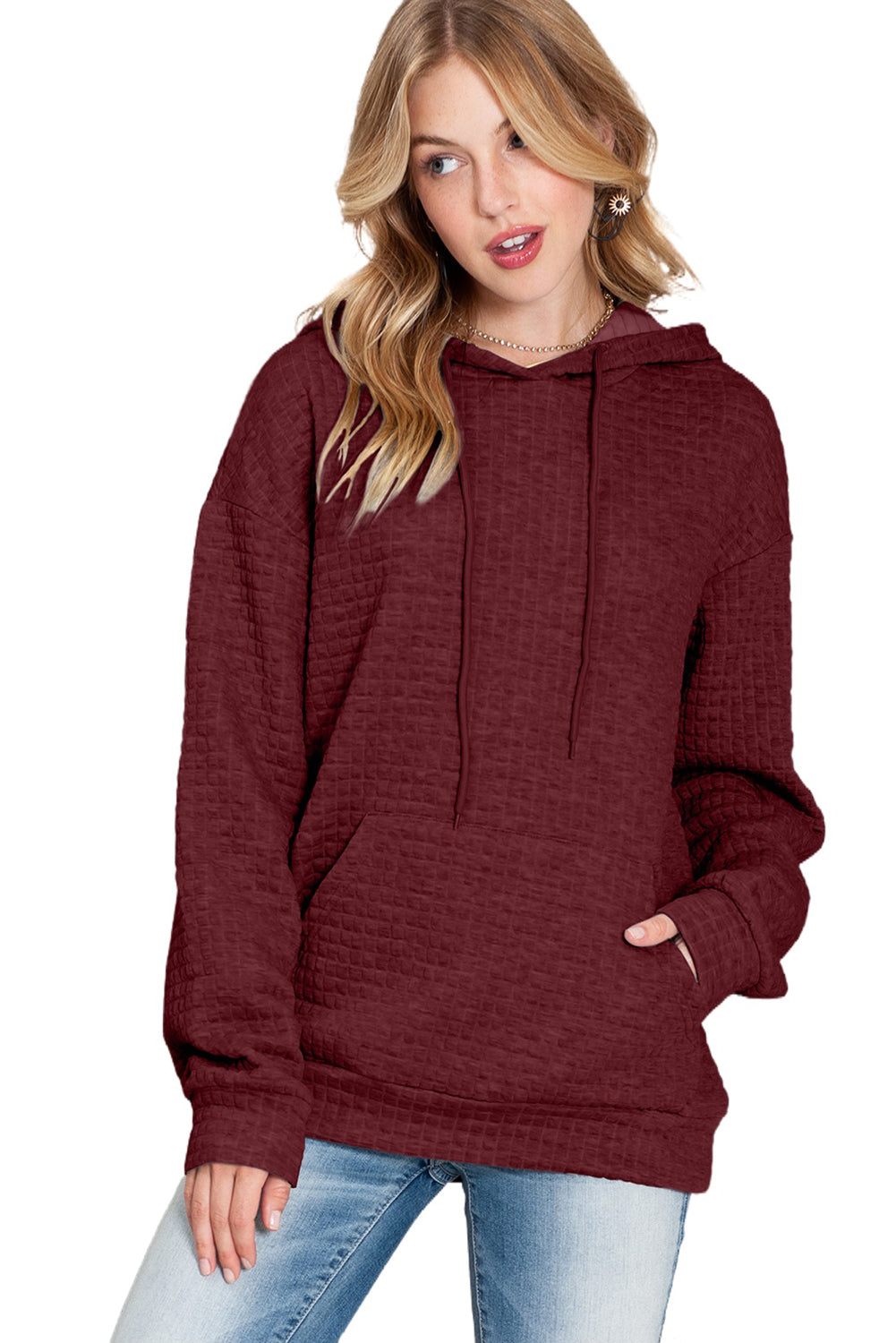 Red Lattice Textured Kangaroo Pocket Drawstring Hoodie