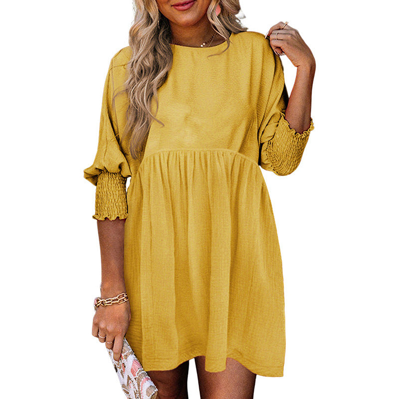 Solid Color Pullover Short Skirt For Women European And American Thin Loose Casual Pleating Half Sleeve Dress Women